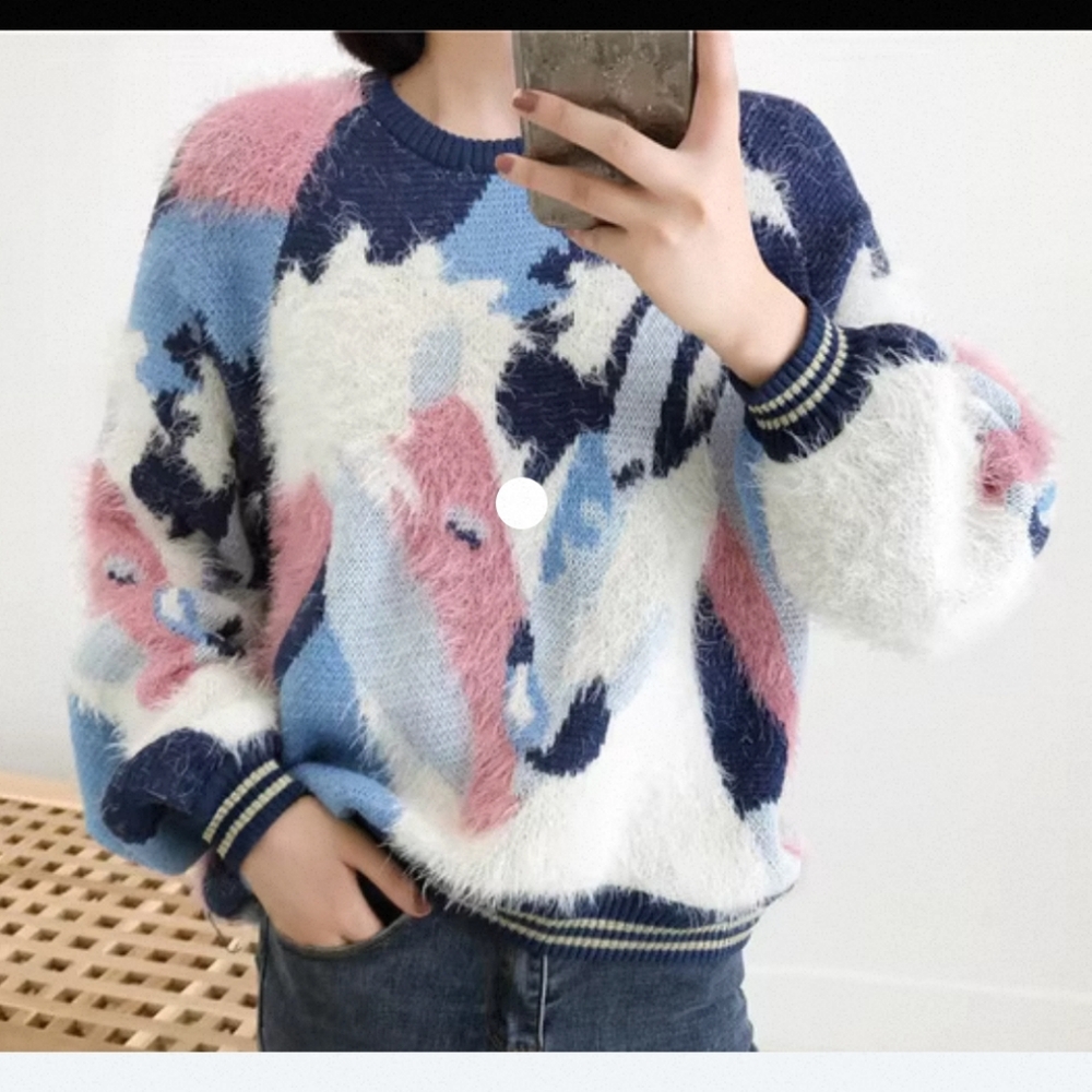 bluex pink horse animal patter wool blend warm fluffy sweater. size S. Like new.